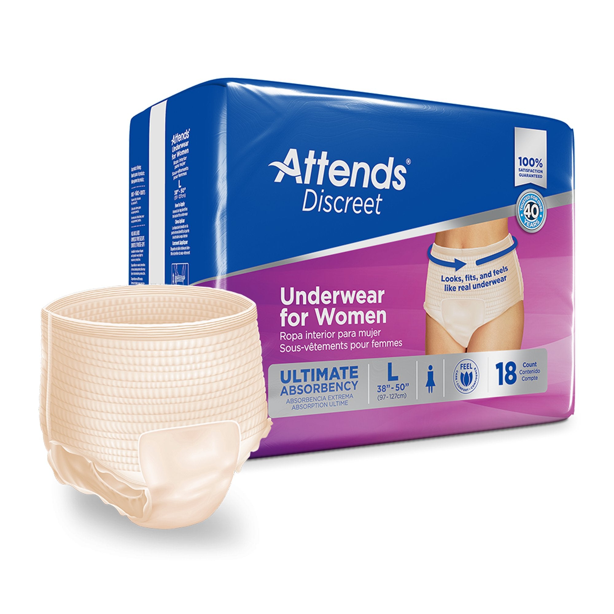 Attends Healthcare Products - Female Adult Absorbent Underwear Attends® Discreet Pull On with Tear Away Seams Large Disposable Heavy Absorbency [72/CS]