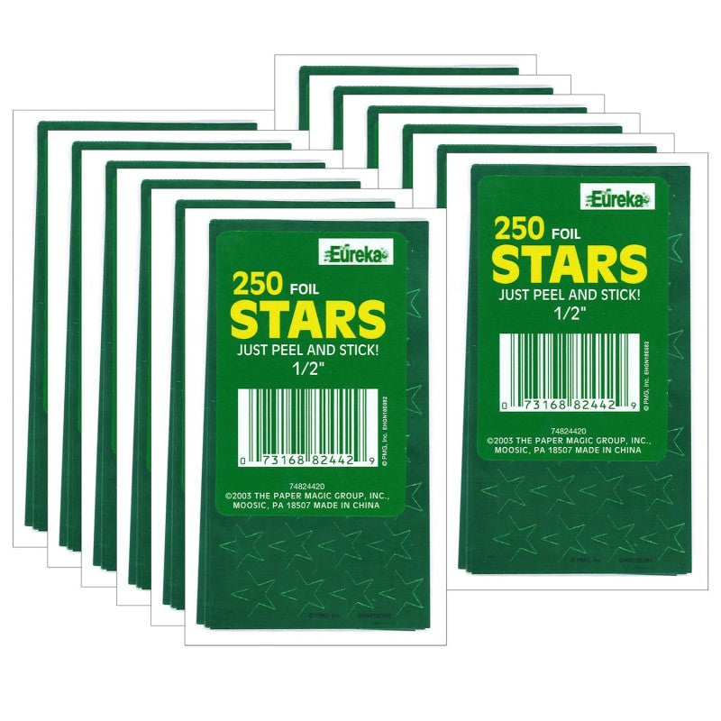 EUREKA - Presto-Stick Foil Star Stickers, 1/2", Green, 250 Per Pack, 12 Packs