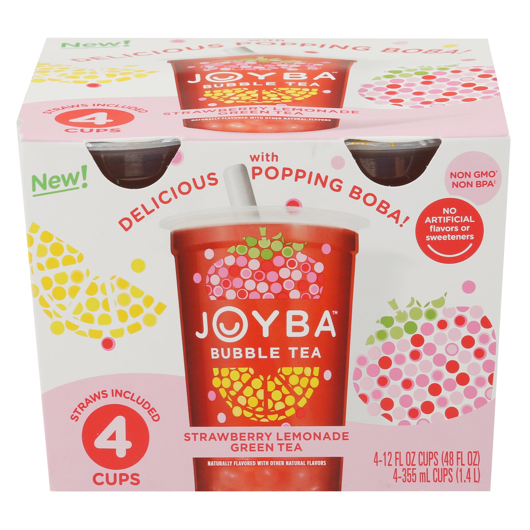Joyba Strawberry Lemonade Green Tea Bubble Tea 4 - 12 fl oz Cups - Case of 4