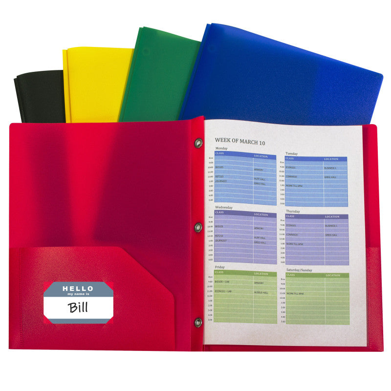 C-LINE - Two-Pocket Heavyweight Poly Portfolio Folder with Prongs, Assorted Primary Colors, Pack of 10