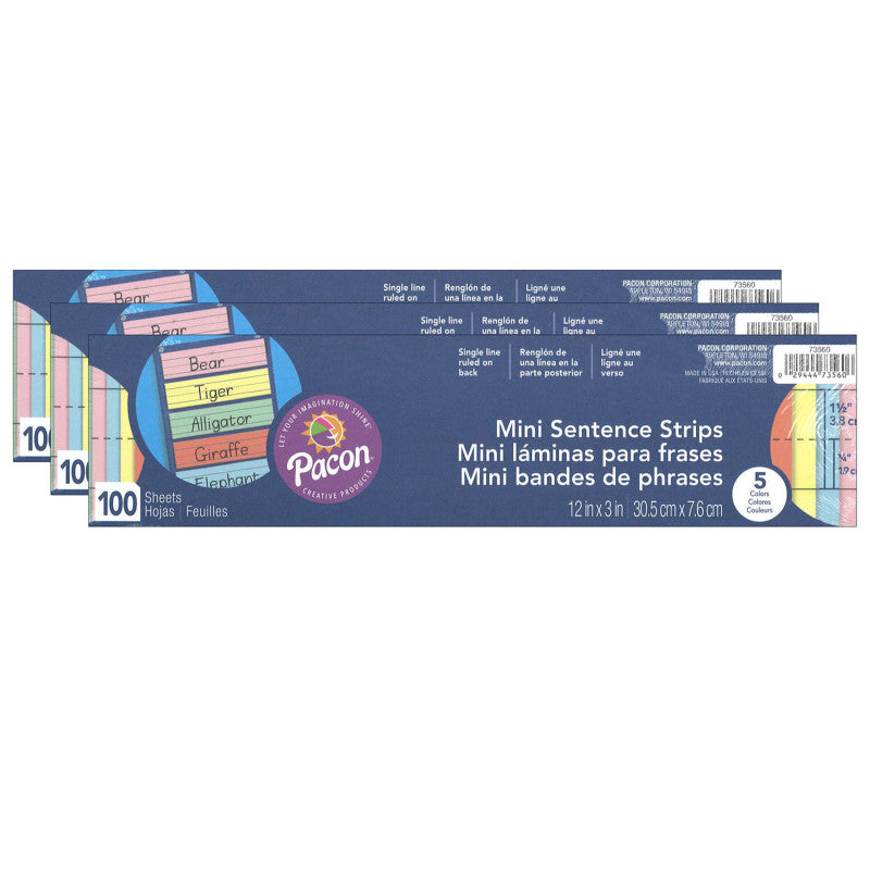 PACON - Mini Sentence Strips, 5 Assorted Colors, 1-1/2" x 3/4" Ruled, 3" x 12", 100 Per Pack, 3 Packs