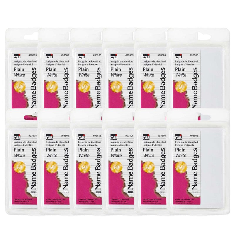 CHARLES LEONARD - Self-Adhesive Name Badges, Plain, White, 100 Per Pack, 12 Packs