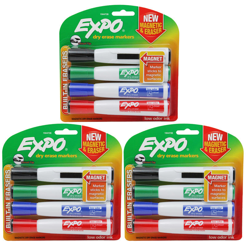 EXPO - Magnetic Dry Erase Markers with Eraser, Chisel Tip, Assorted, 4 Per Pack, 3 Packs
