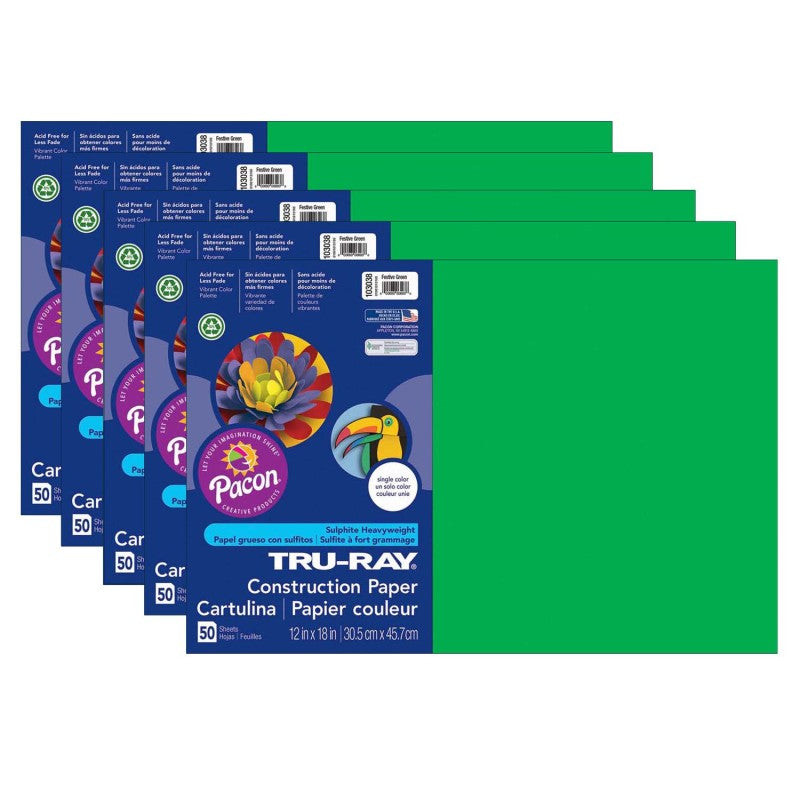 TRU-RAY - Construction Paper, Festive Green, 12" x 18", 50 Sheets Per Pack, 5 Packs