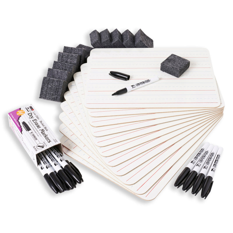 CHARLES LEONARD - Magnetic Dry Erase Classpack, Plain/Lined 2-Sided Boards, Markers & Erasers, Pack of 12