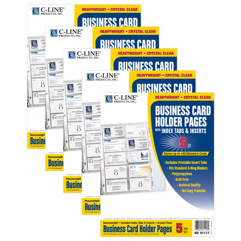 C-LINE - Business Card Holder, Poly with Tabs, Holds 20 Cards/Page, 11" x 8-1/2", 5 Per Pack, 5 Packs