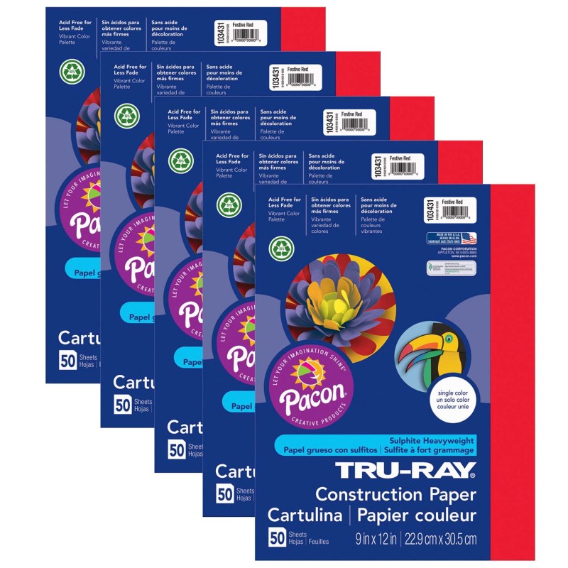 TRU-RAY - Construction Paper, Festive Red, 9" x 12", 50 Sheets Per Pack, 5 Packs