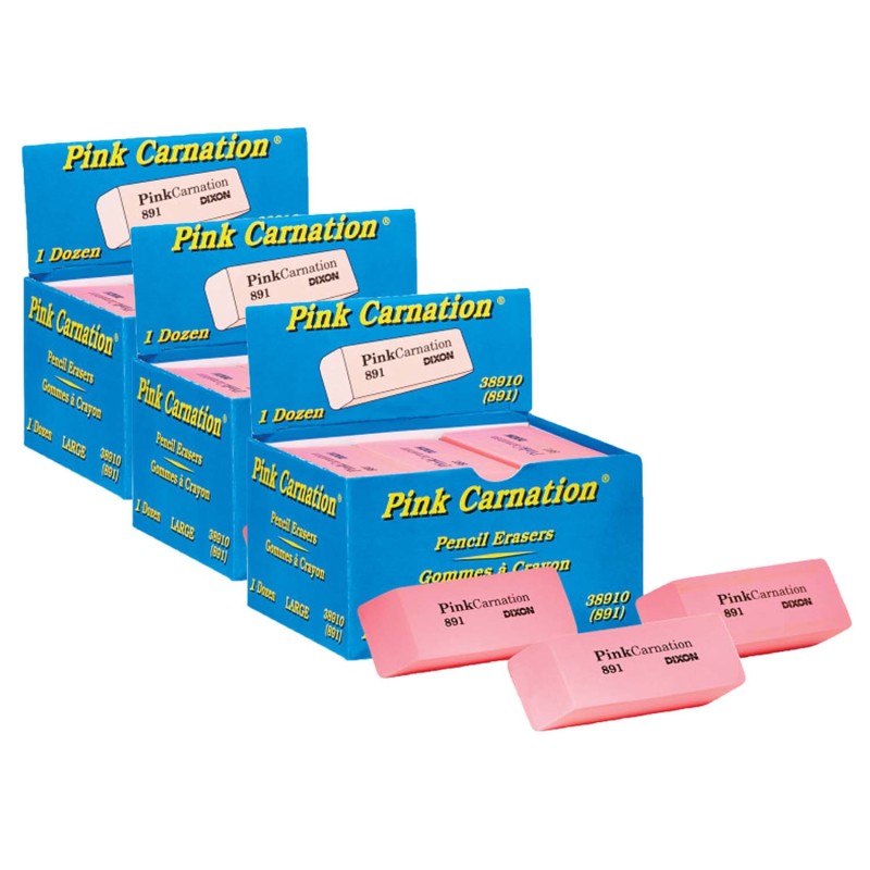 DIXON - Pink Carnation Erasers, Large, 2-9/16 x 1 x 7/16, 12 Per Pack, 3 Packs