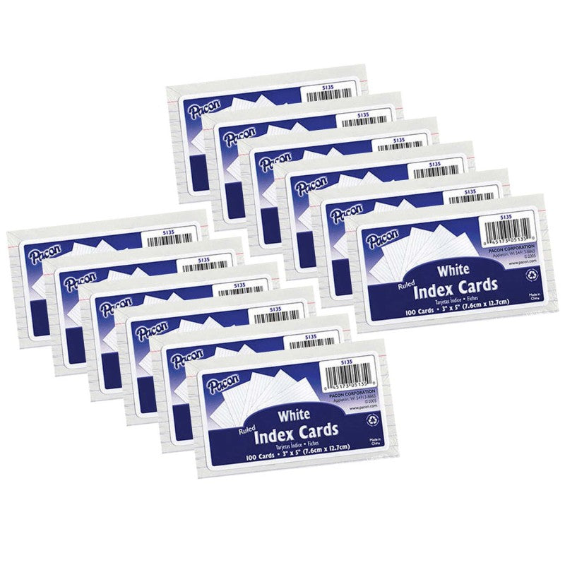 PACON - Index Cards, White, Ruled, 1/4" Ruled 3" x 5", 100 Per Pack, 12 Packs