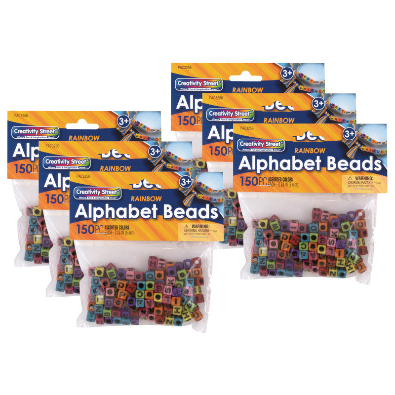CREATIVITY STREET - Alphabet Beads, Assorted Rainbow Colors, 6 mm, 150 Per Pack, 6 Packs
