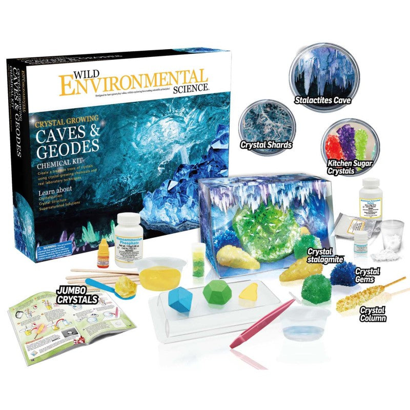 WILD ENVIRONMENTAL SCIENCE - Crystal Growing Caves and Geodes - Science Kit for Ages 8+ - Grow Stalagmites, Columns and More - Includes Display Case