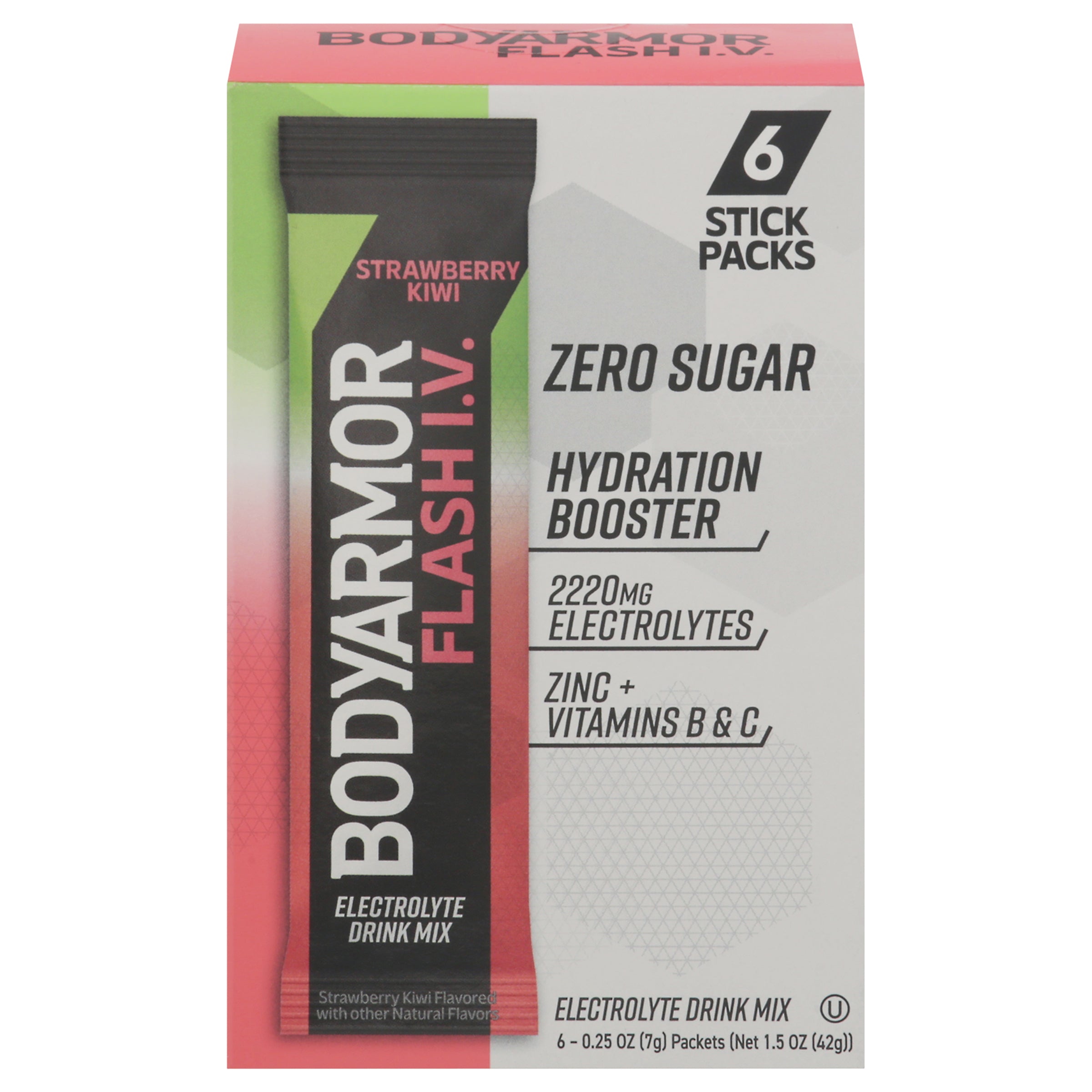 BodyArmor Flash I.V. Stick Packs Hydration Booster Zero Sugar Strawberry Kiwi Electrolyte Drink Mix 6 - 0.25 oz Packets - Case of 12