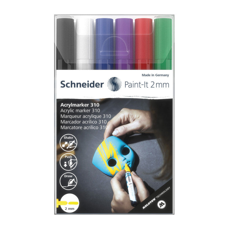 SCHNEIDER - Paint-It 310 Acrylic Markers, 2 mm Bullet Tip, Wallet, 6 Assorted Ink Colors