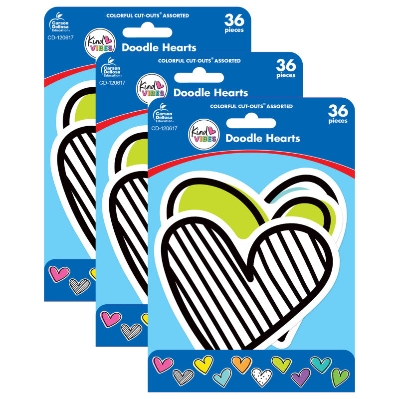 CARSON DELLOSA EDUCATION - Kind Vibes Doodle Hearts Cut-Outs, 36 Per Pack, 3 Packs