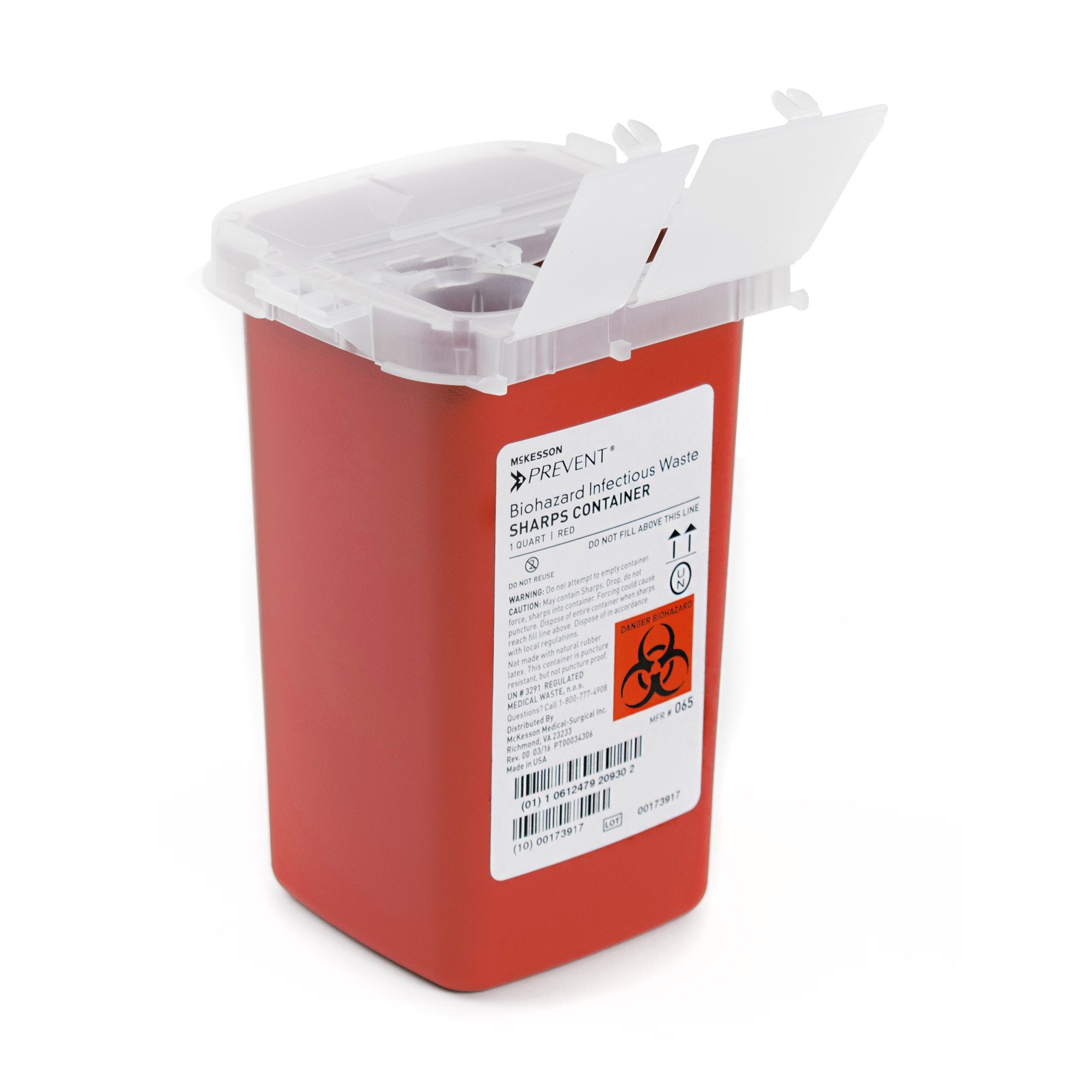 McKesson Brand - Sharps Container McKesson Prevent® Red Base 6-1/4 H X 4-1/4 W X 4-1/4 D Inch Vertical Entry 0.25 Gallon [80/CS]