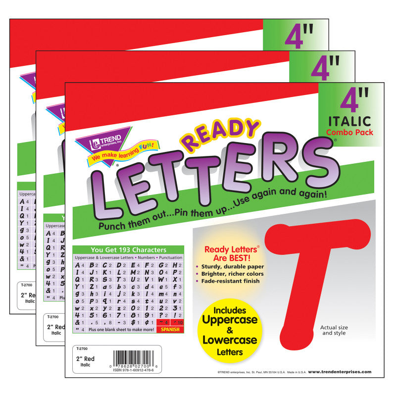 TREND - Red 4" Italic Combo Ready Letters®, 193 Per Pack, 3 Packs