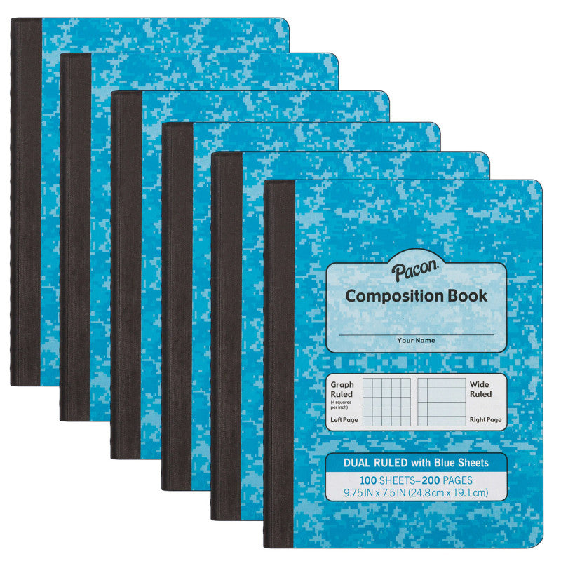 PACON - Dual Ruled Composition Book, Blue, 1/4" Grid & 3/8" Wide Ruled, 9-3/4" x 7-1/2", 100 Sheets, Pack of 12