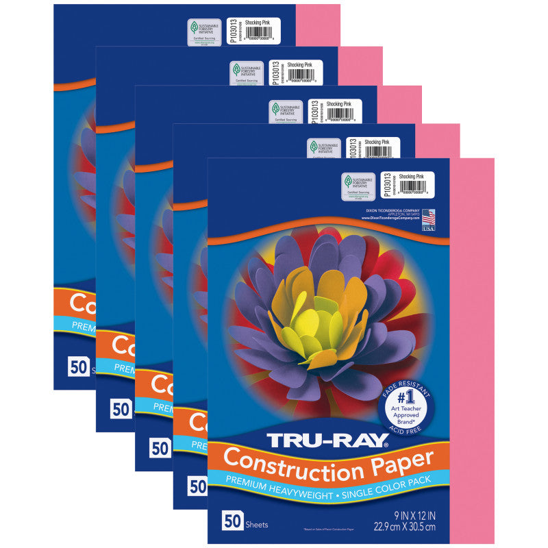 TRU-RAY - Construction Paper, Shocking Pink, 9" x 12", 50 Sheets Per Pack, 5 Packs