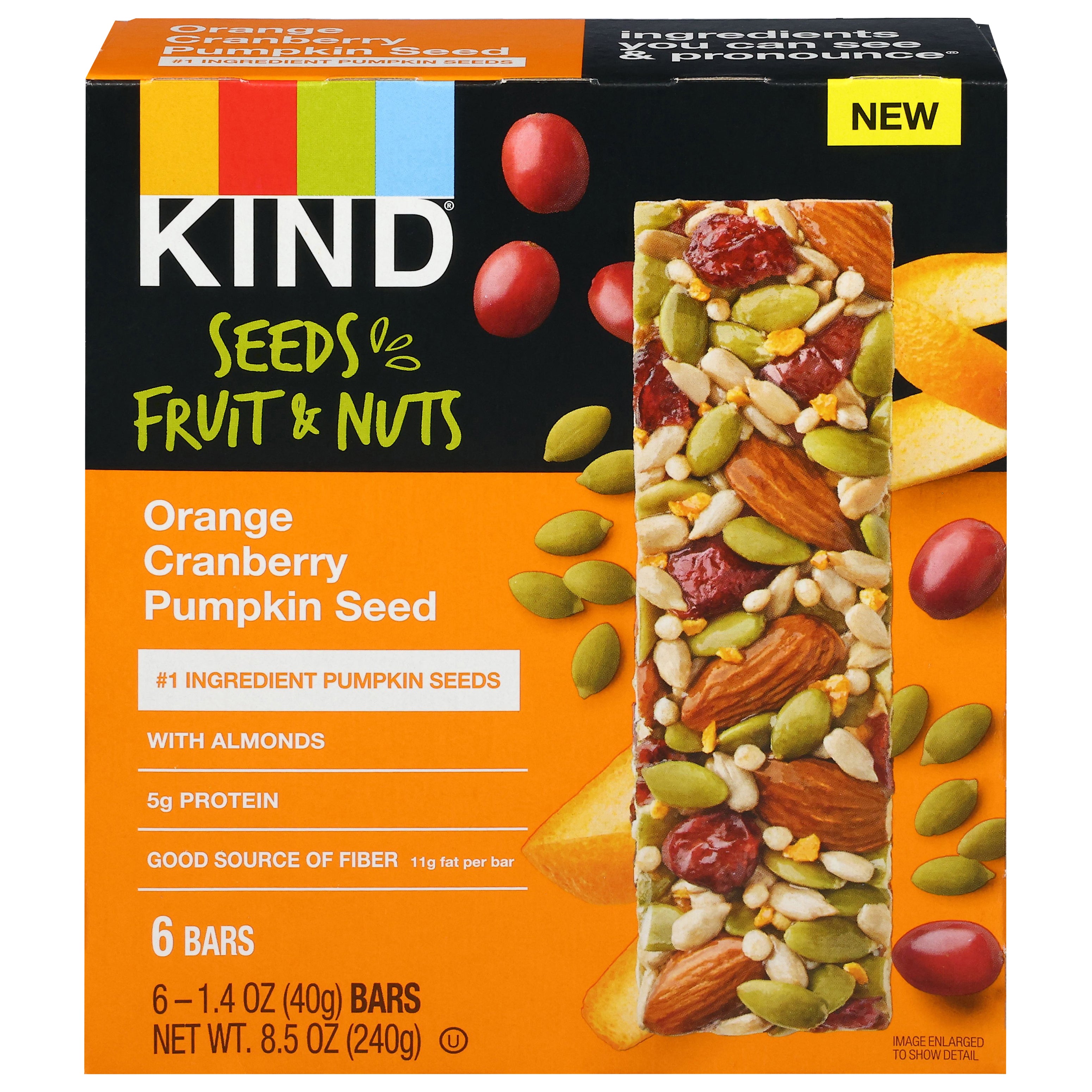 Kind Seeds Fruit & Nuts Orange Cranberry Pumpkin Seed Bars 6 - 1.4 oz Bars - Case of 6