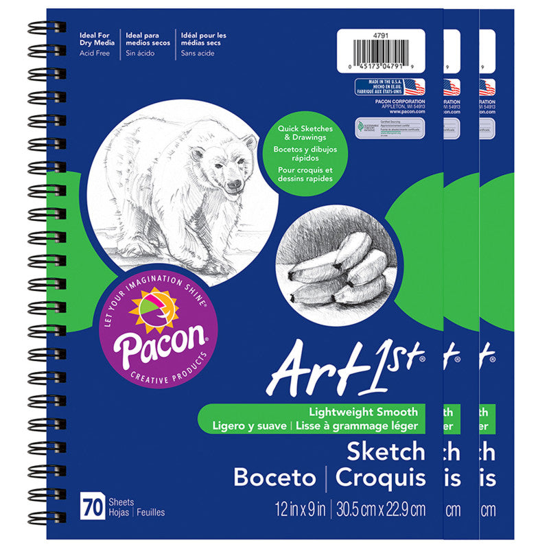 UCREATE - Sketch Diary, Standard Weight, 12" x 9", 70 Sheets, Pack of 3