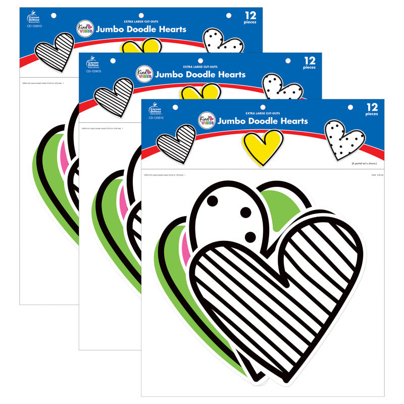 CARSON DELLOSA EDUCATION - Kind Vibes Jumbo Doodle Hearts Cut-Outs, 12 Per Pack, 3 Packs