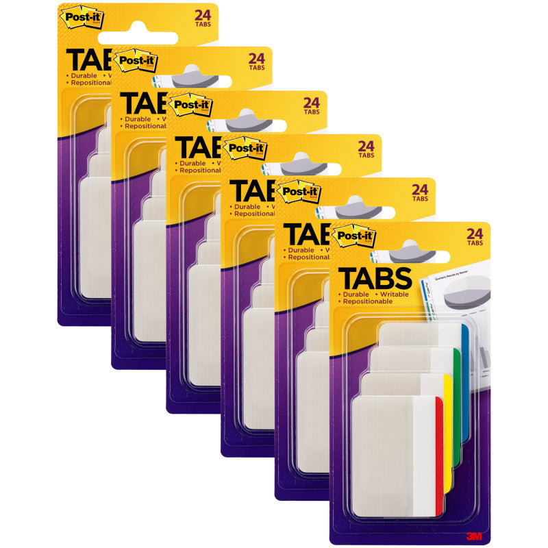 POST-IT - Tabs, Assorted Primary Colors, 24 Per Pack, 6 Packs