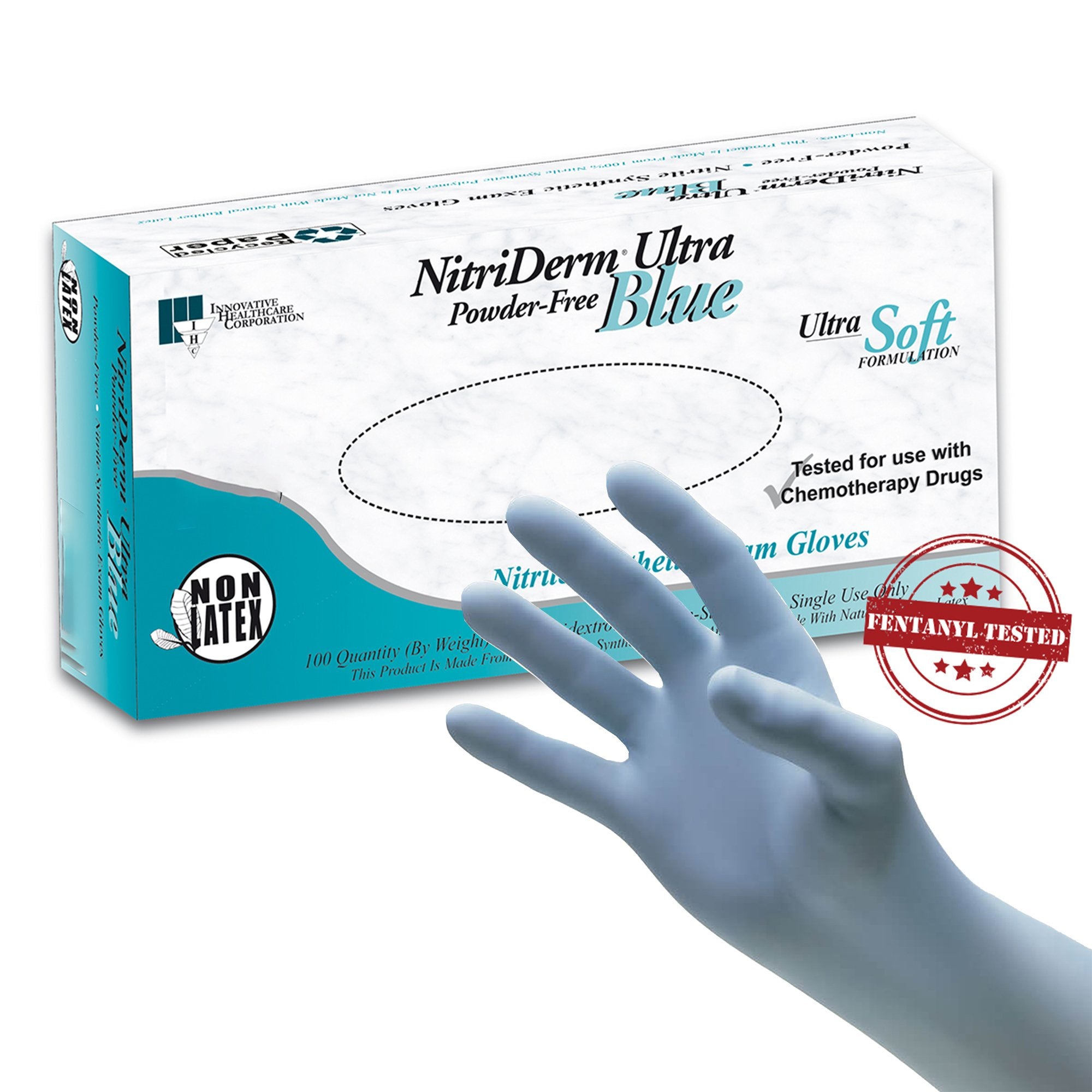 Innovative Healthcare Corp - Exam Glove NitriDerm® Ultra Blue Medium NonSterile Nitrile Standard Cuff Length Fully Textured Light Blue Chemo Tested / Fentanyl Tested [100/BX]