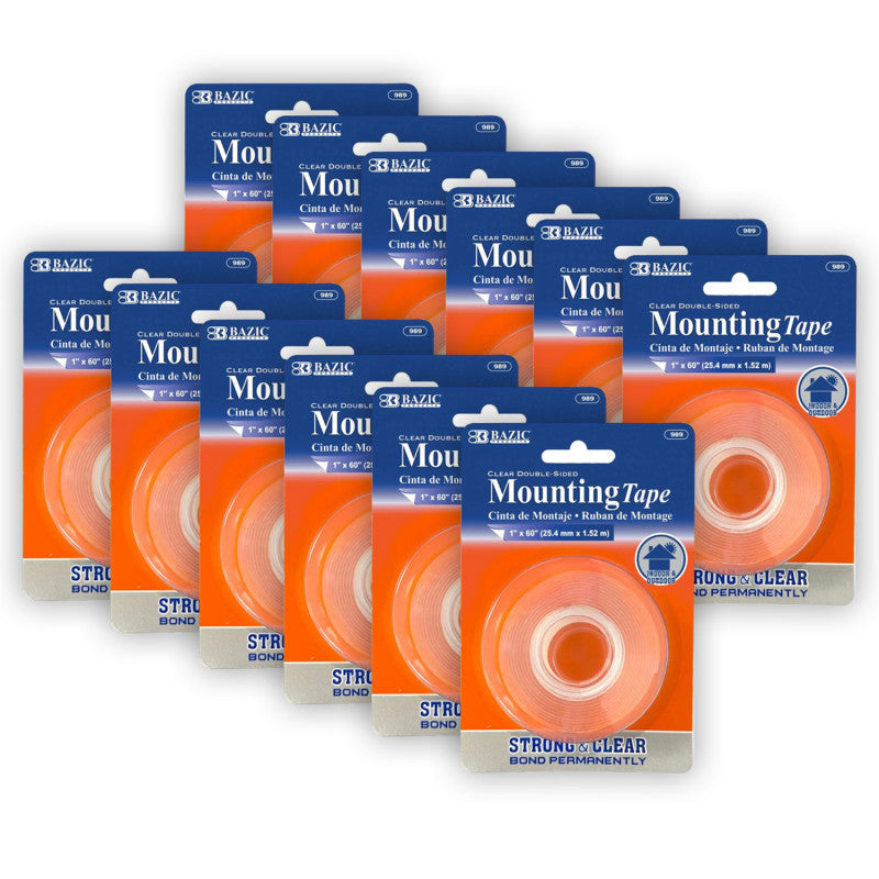 BAZIC PRODUCTS - Double Sided Clear Mounting Tape, 1" x 60", Pack of 12