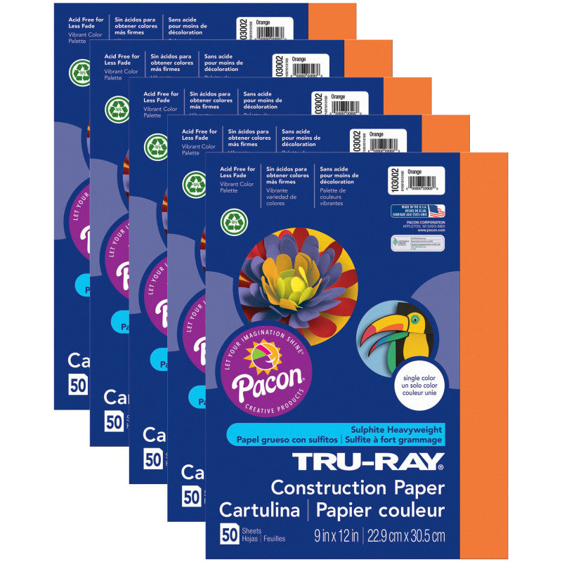 TRU-RAY - Construction Paper, Orange, 9" x 12", 50 Sheets Per Pack, 5 Packs