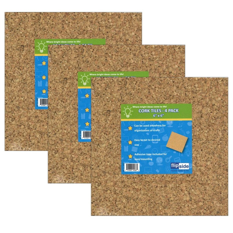 FLIPSIDE PRODUCTS - Natural Cork Tiles, 6" x 6", 4 Per Pack, 3 Packs