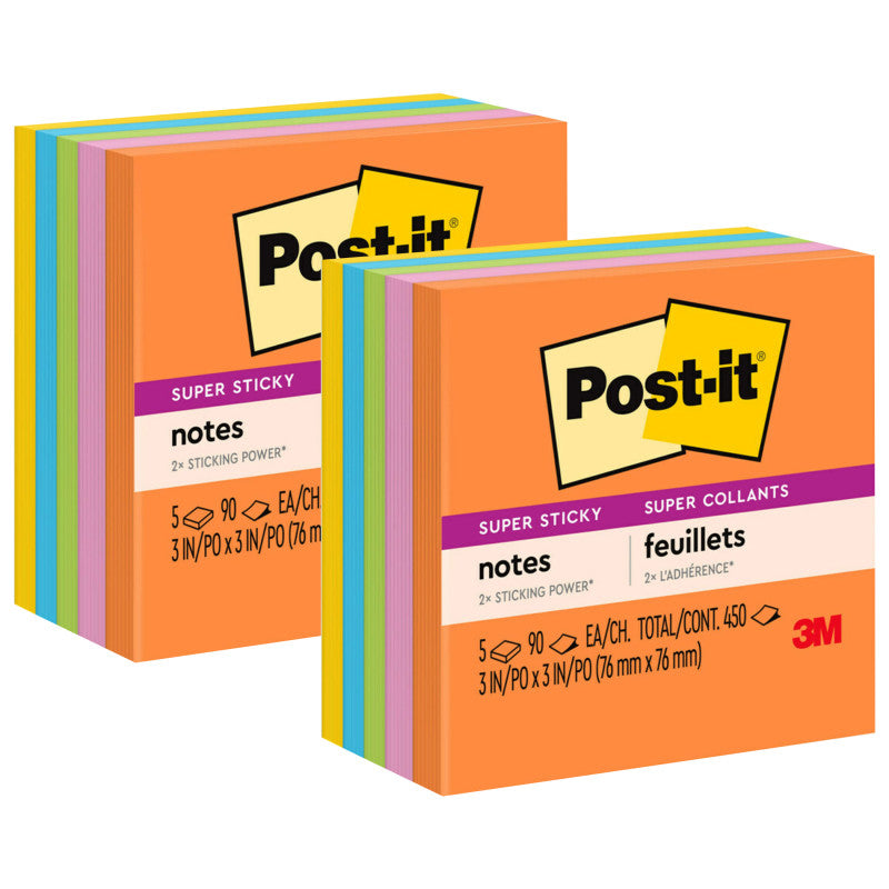 POST-IT - Super Sticky Notes, 3 in x 3 in, Energy Boost Collection, 5 Pads/Pack, 2 Packs