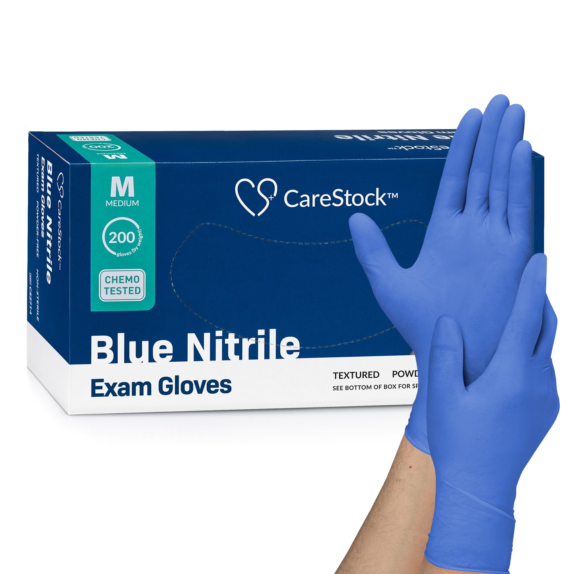 CareStock - Exam Glove CareStock™ Medium NonSterile Nitrile Standard Cuff Length Textured Fingertips Blue Chemo Tested [200/BX]