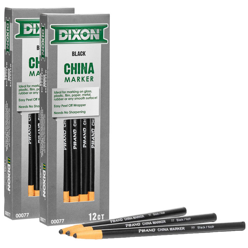 DIXON - Phano China Markers, Black, 12 Per Pack, 2 Packs