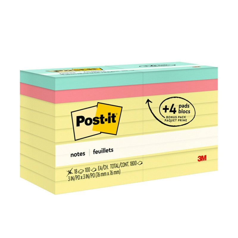 POST-IT - Notes Value Pack, 3 in x 3 in, Canary Yellow, 14 Pads plus 4 Pads in Poptimistic Collection