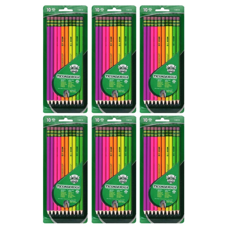 TICONDEROGA - Premium Neon Wood No. 2 Pencils with Eraser, 10 Per Pack, 6 Packs