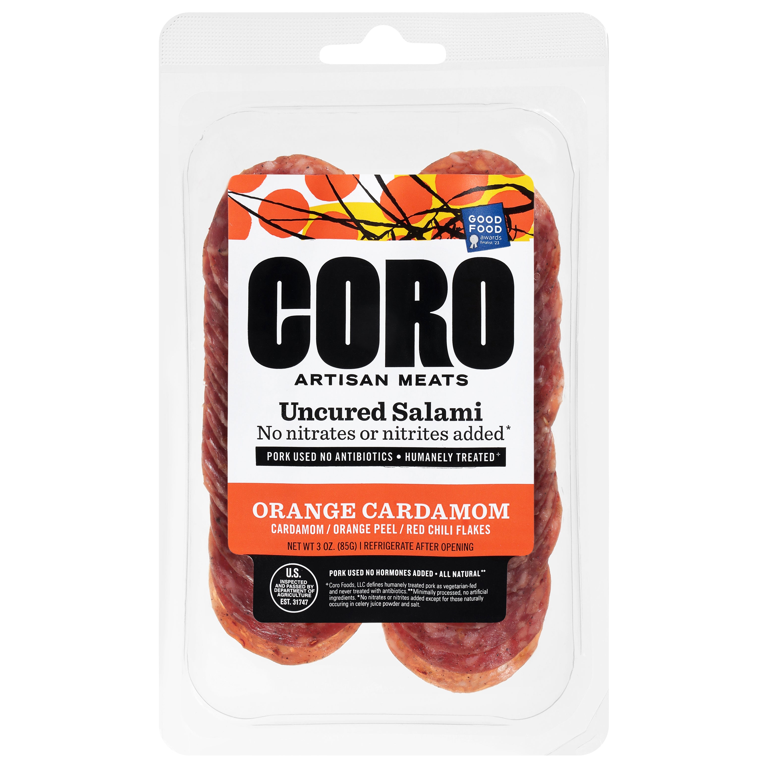 Coro Uncured Orange Cardamom Salami 3 oz - Case of 12