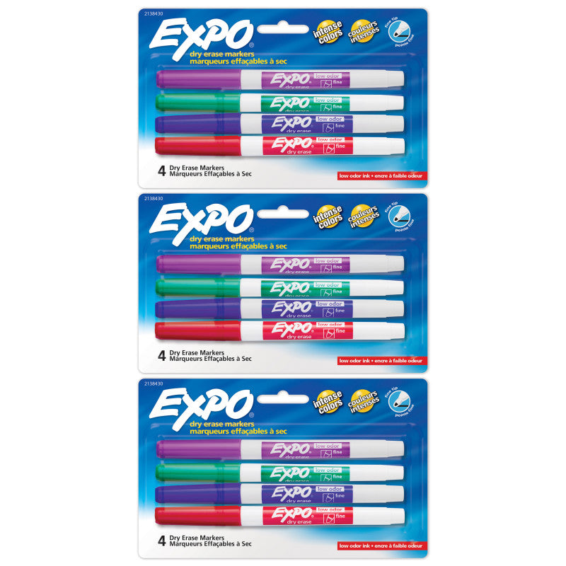 EXPO - Dry Erase Markers, Whiteboard Markers with Low Odor Ink, Fine Tip, Assorted Vibrant Colors, 4 Per Pack, 3 Packs