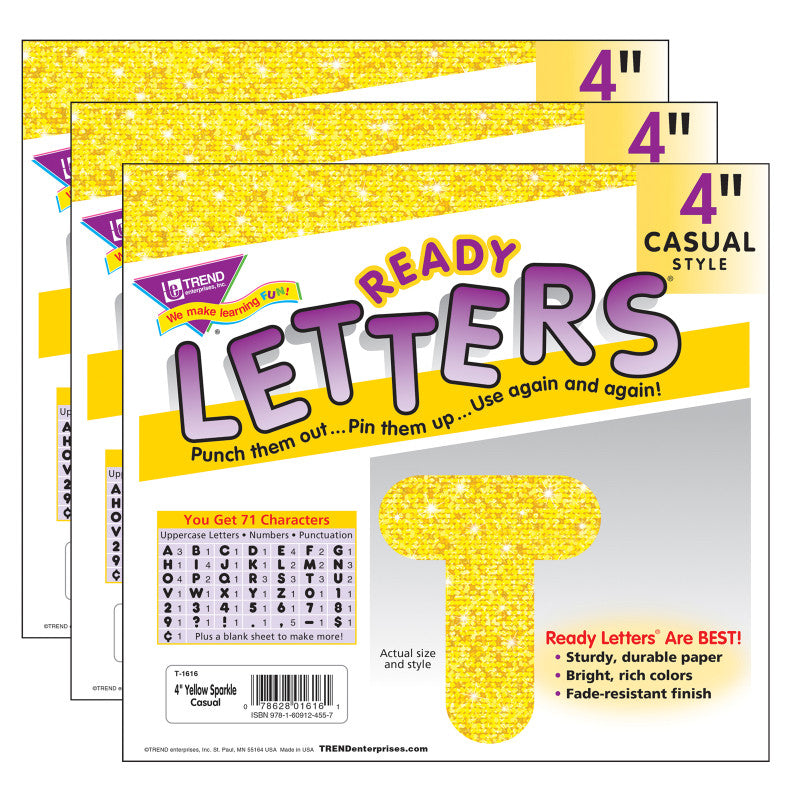 TREND - Yellow Sparkle 4" Casual Uppercase Ready Letters®, 71 Per Pack, 3 Packs