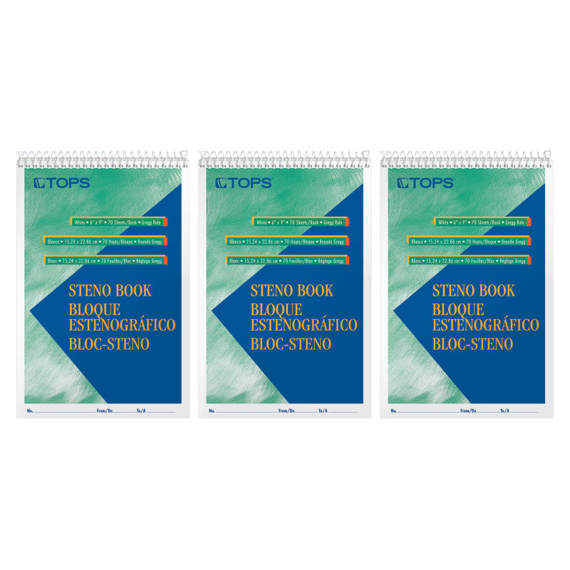 TOPS - Steno Books, 6" x 9", Gregg Rule, 80 Sheets, Pack of 3