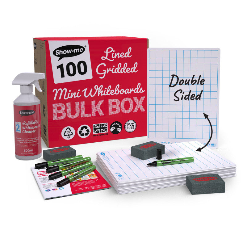 Bulk Box of 100 x Lined/Gridded Double Sided 8" x 12" Lapboards, with Pens, Erasers, Cleaner