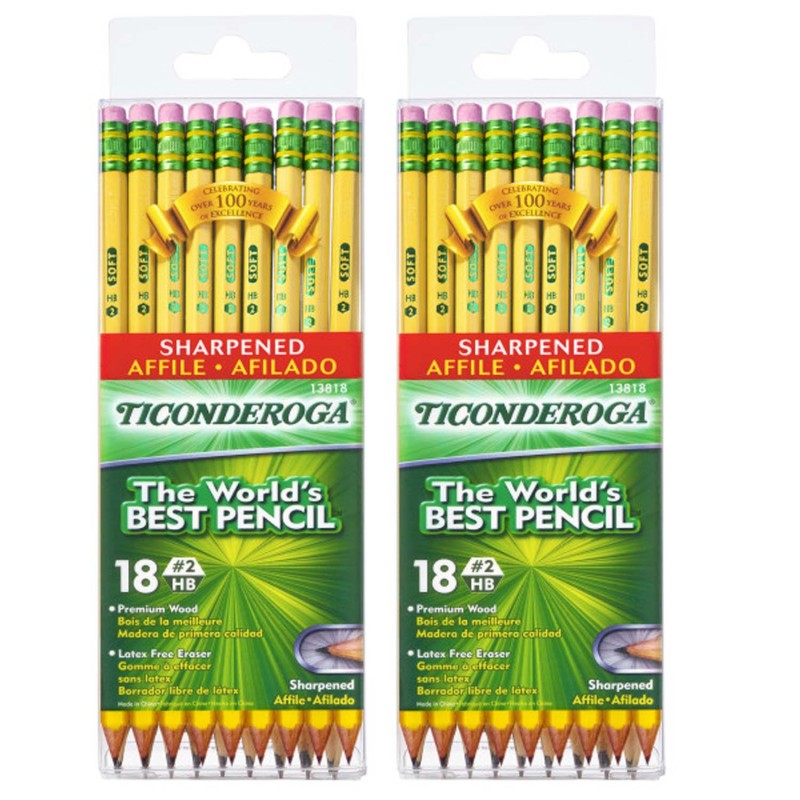 TICONDEROGA - Pencils, #2 Soft, Yellow, Presharpened, 18 Per Pack, 2 Packs