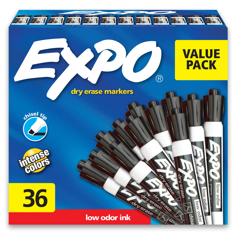 EXPO - Low Odor Dry Erase Markers, Chisel Tip, Black, 36 Count