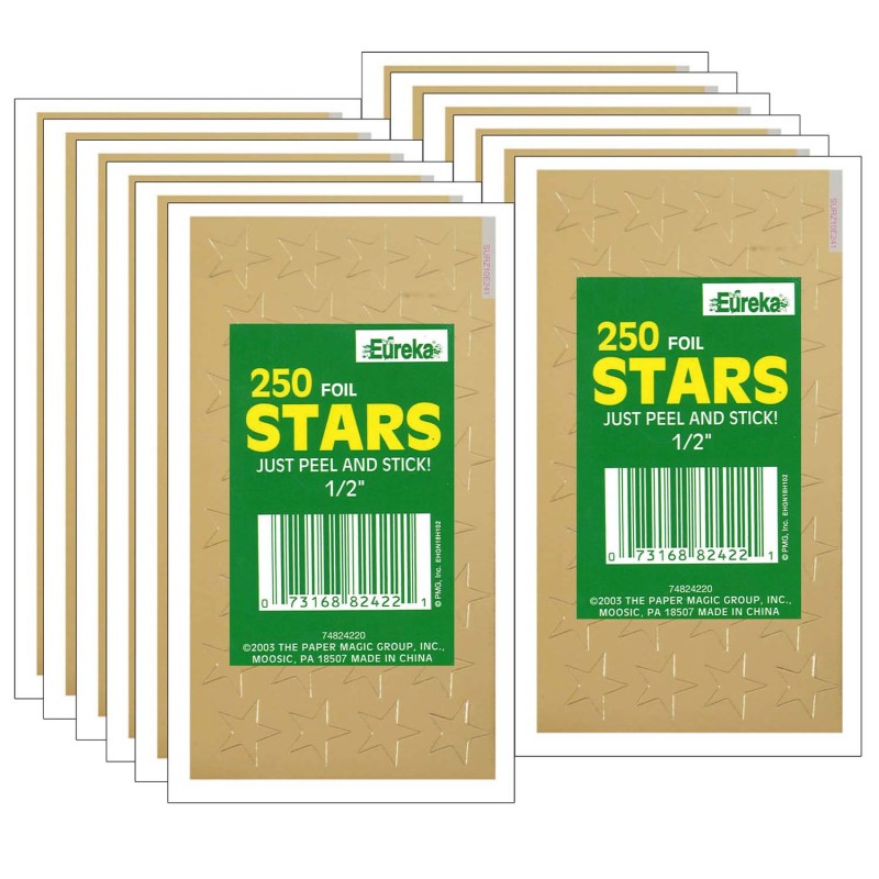 EUREKA - Presto-Stick Foil Star Stickers, 1/2", Gold, 250 Per Pack, 12 Packs