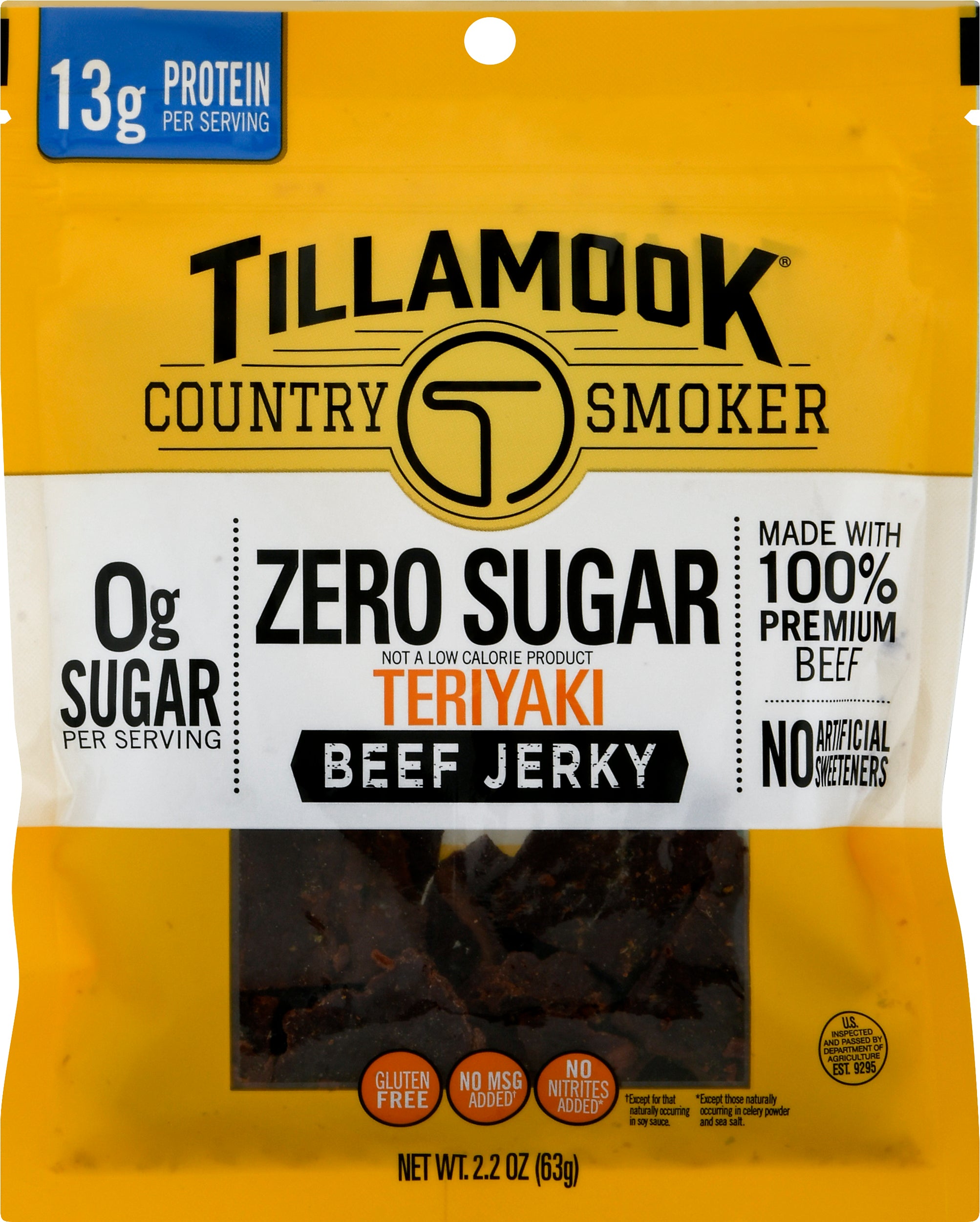 Tillamook Country Smoker Zero Sugar Teriyaki Beef Jerky 2.2 oz - Case of 12