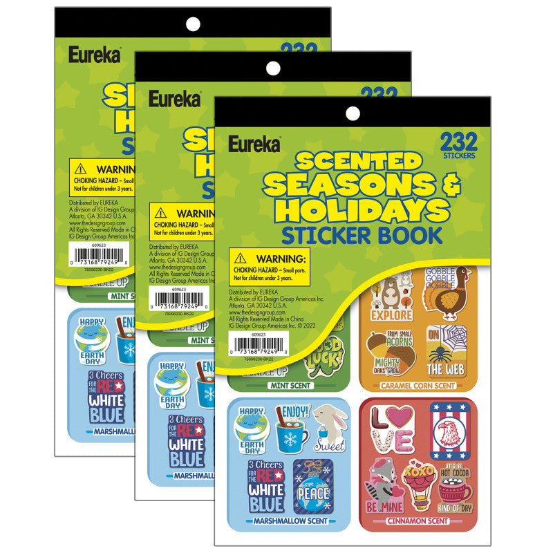 EUREKA - Seasons & Holidays Scented Stickerbook, 232 Stickers Per Book, Pack of 3