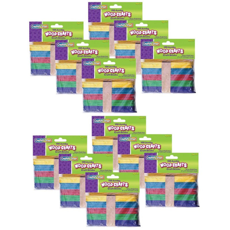 CREATIVITY STREET - Jumbo Craft Sticks, Bright Hues Assorted, 6" x .75", 100 Per Pack, 12 Packs