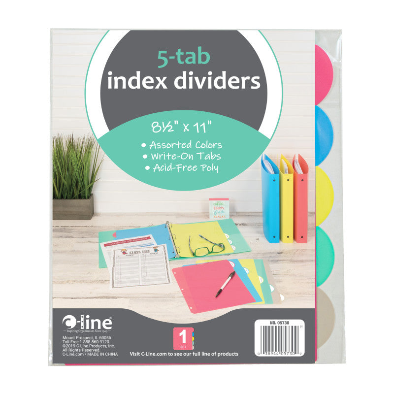 5-Tab Poly Binder Index Dividers, Assorted, 5/Set