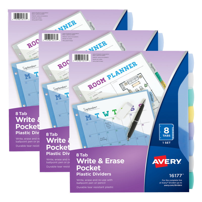 AVERY - Write & Erase Pocket Plastic Dividers, 8-Tab Set, Multicolor, 3 Sets