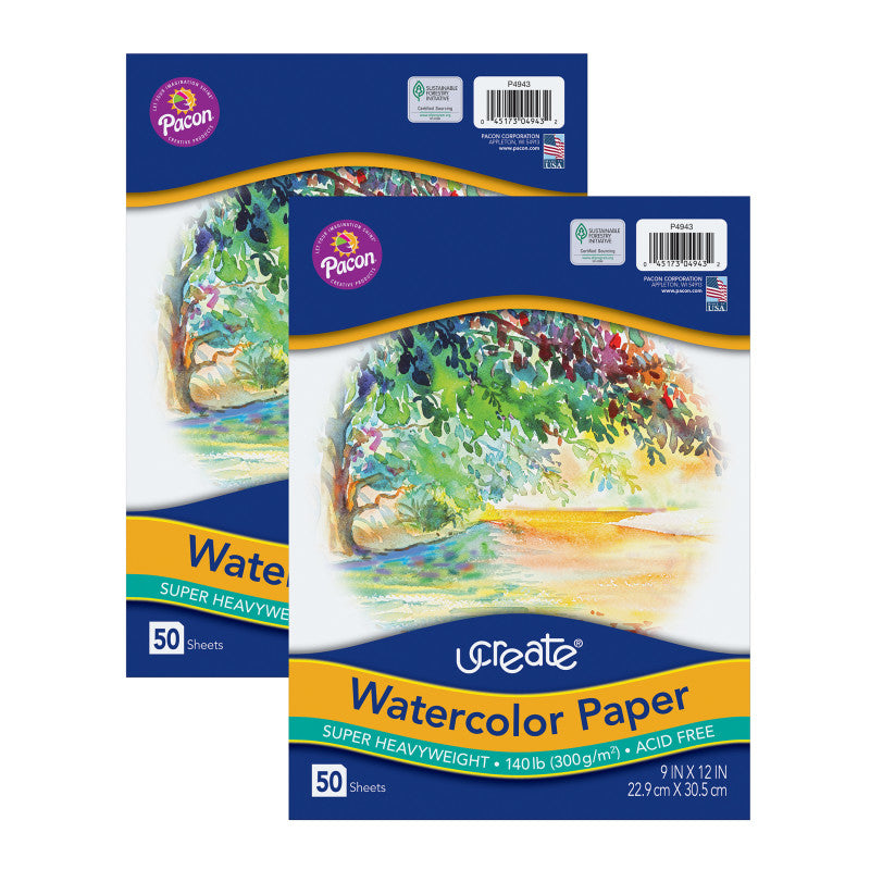 UCREATE - Watercolor Paper, White, Package, 140 lb., 9" x 12", 50 Sheets Per Pack, 2 Packs