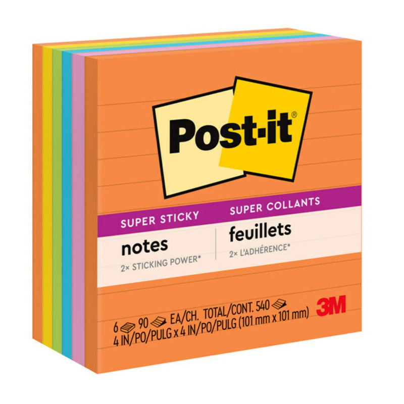 POST-IT - Super Sticky Notes, Energy Boost Collection, 4" x 4" Lined, 90 Sheets/Pad, 6 Pads